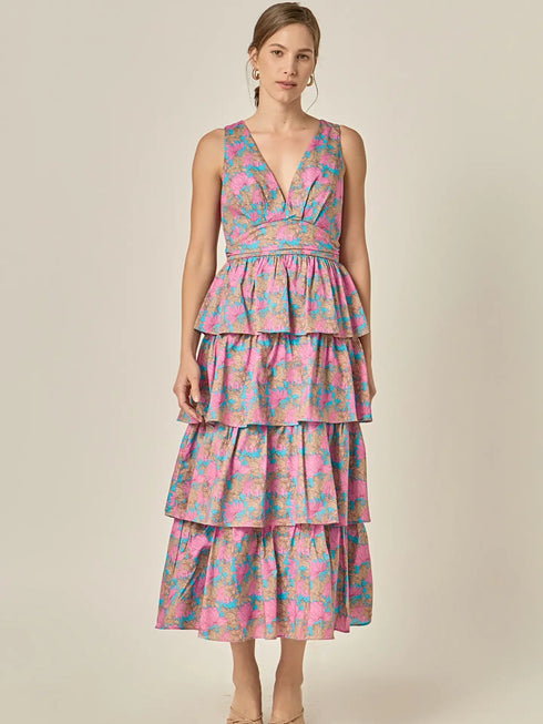 Deep V-Neck Tiered Maxi Dress