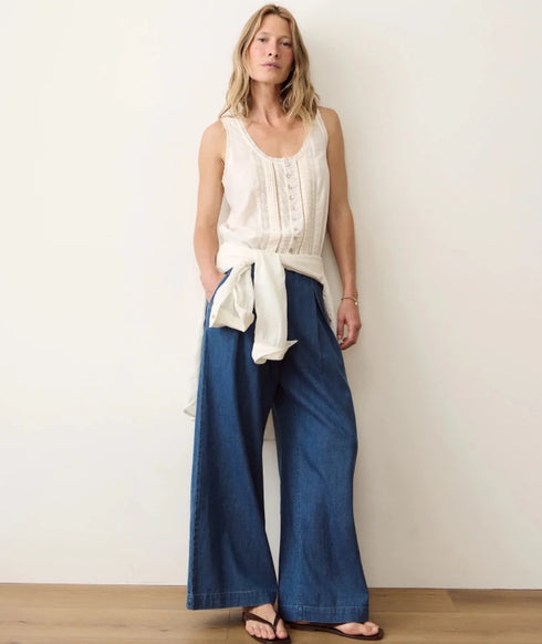 Allison Pleated Wide Leg Denim Trouser - Marine Layer - Medium Wash