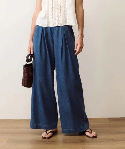 Allison Pleated Wide Leg Denim Trouser - Marine Layer - Medium Wash