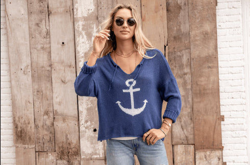 Anchor V - Neck - Wooden Ships - Indigo/White