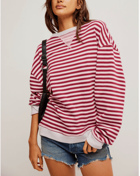 Classic Striped Crew - We The Free - Free People - Raspberry Combo
