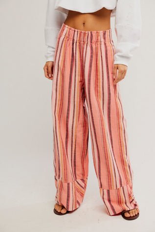 Days End Linen Striped Pull-On Pants - Free People - Soft Coral Combo
