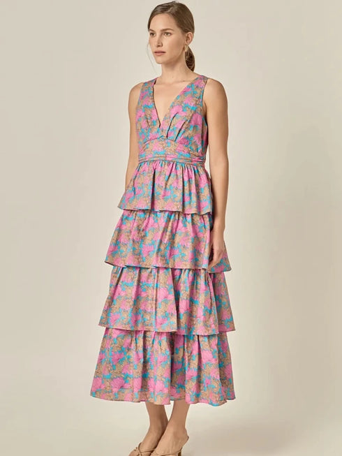 Deep V-Neck Tiered Maxi Dress - English Factory - Multi