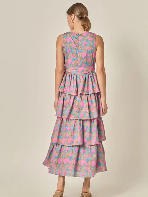 Deep V-Neck Tiered Maxi Dress - English Factory - Multi