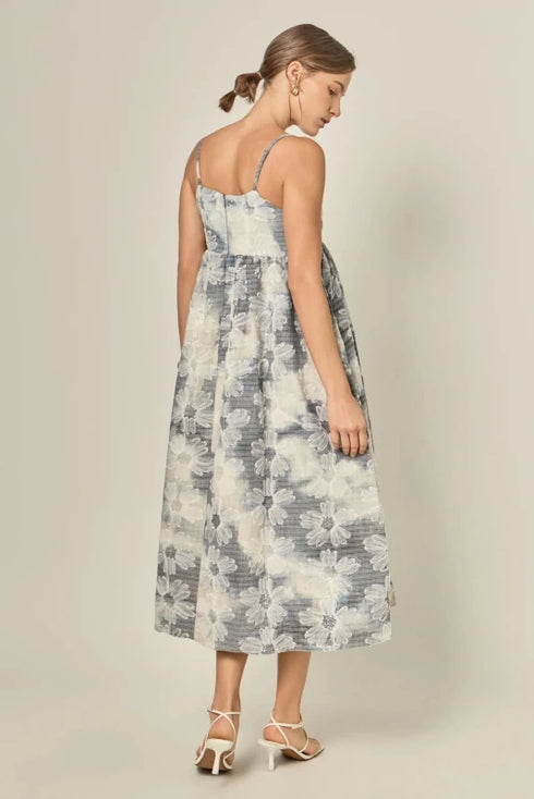 Floral Embroidery Sleeveless Midi Dress - English Factory - Blue/Off White
