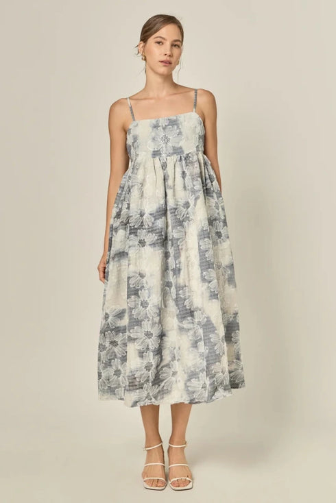 Floral Embroidery Sleeveless Midi Dress - English Factory - Blue/Off White