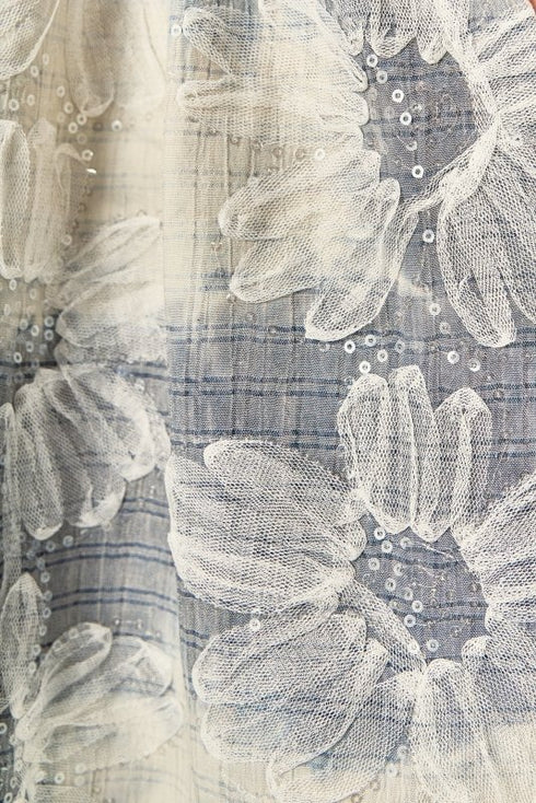 Floral Embroidery Sleeveless Midi Dress - English Factory - Blue/Off White