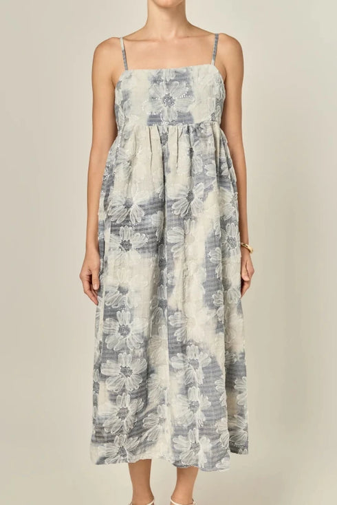 Floral Embroidery Sleeveless Midi Dress - English Factory - Blue/Off White
