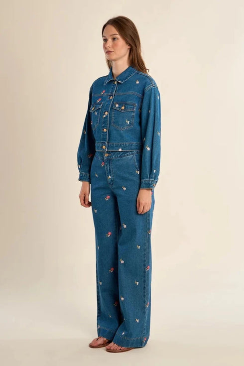 Floral Stitched Denim Jacket - Molly Bracken - Denim Blue
