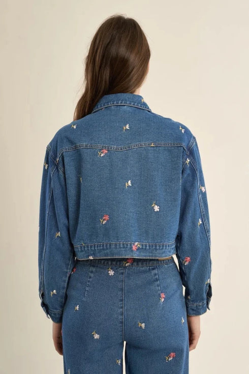 Floral Stitched Denim Jacket - Molly Bracken - Denim Blue