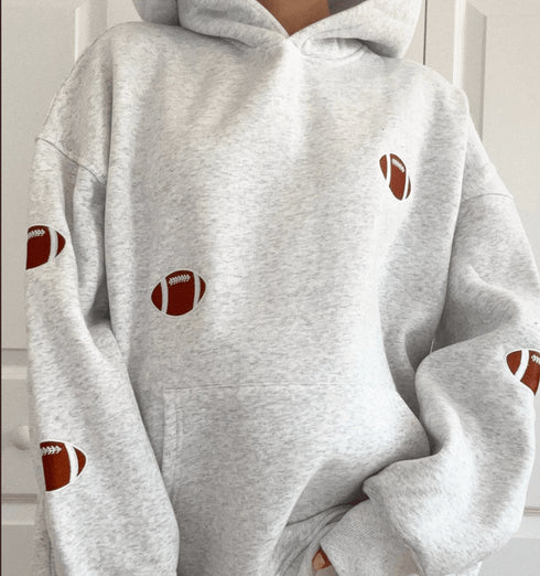 Football Embroidered Hoodie - Fred & Co. - Pearl Gray