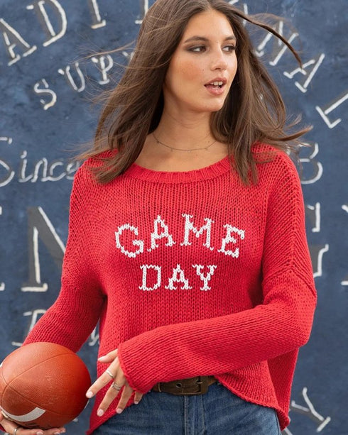 Game Day Chunky Crew Cotton Sweater - Wooden Ships - red/white