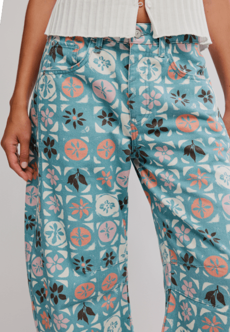 Good Luck Printed Barrel Denim Jeans - We The Free - We The Free by Free People - Jade Combo