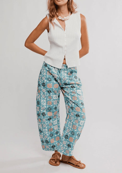 Good Luck Printed Barrel Denim Jeans - We The Free - We The Free by Free People - Navy Bandana