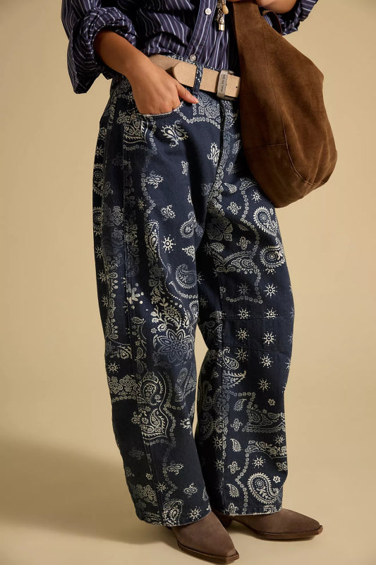 Good Luck Printed Barrel Denim Jeans - We The Free - We The Free by Free People - Navy Bandana