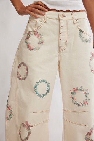 Good Luck Printed Barrel Jeans - We The Free - We The Free by Free People - Watercolor Wreath