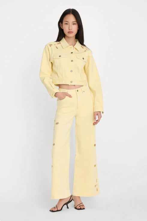 Good Waist Palazzo Ankle Embroidered Jean - Good American - Anise Yellow