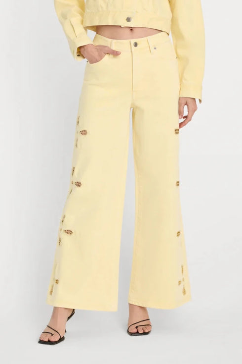 Good Waist Palazzo Ankle Embroidered Jean - Good American - Anise Yellow