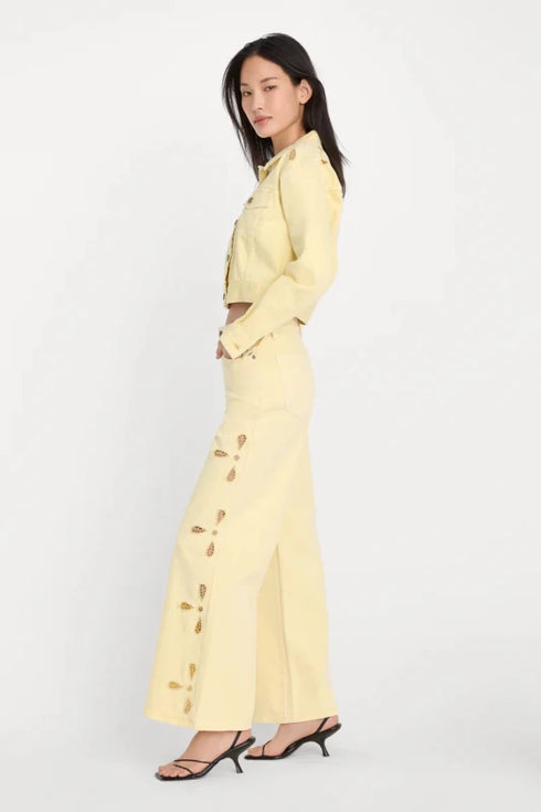 Good Waist Palazzo Ankle Embroidered Jean - Good American - Anise Yellow
