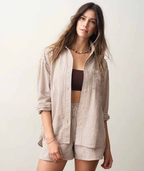 Gracey Oversized Seersucker Shirt - Marine Layer - Mocha Stripe