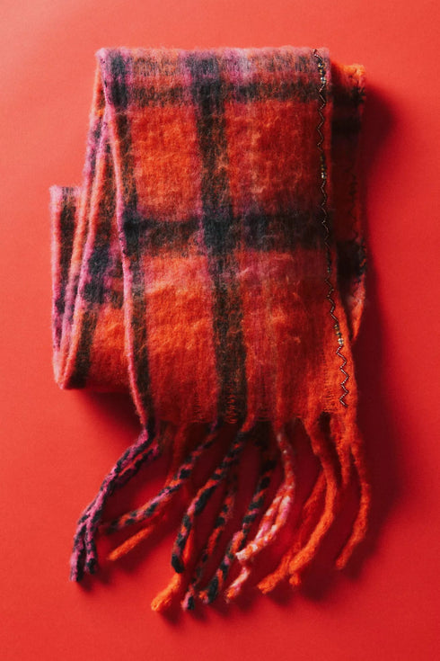 Highland Plaid Skinny Scarf - Free People - Pink Combo