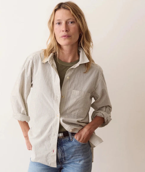 Jane Relaxed Shirt In Cali Poplin - Marine Layer - Olive Pinstripe