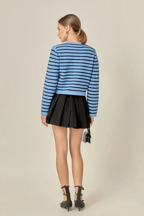 Knit Striped Sweater Cardigan - English Factory - Powder Blue/ Navy