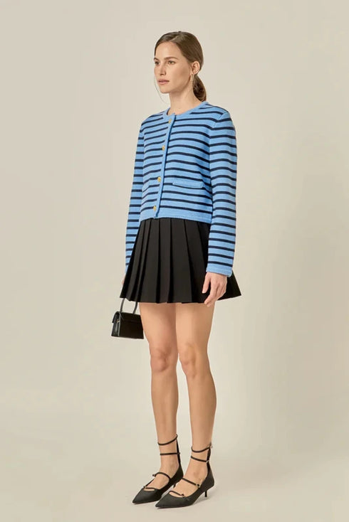 Knit Striped Sweater Cardigan - English Factory - Powder Blue/ Navy