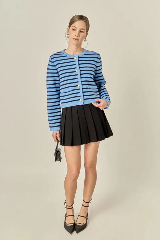 Knit Striped Sweater Cardigan - English Factory - Powder Blue/ Navy