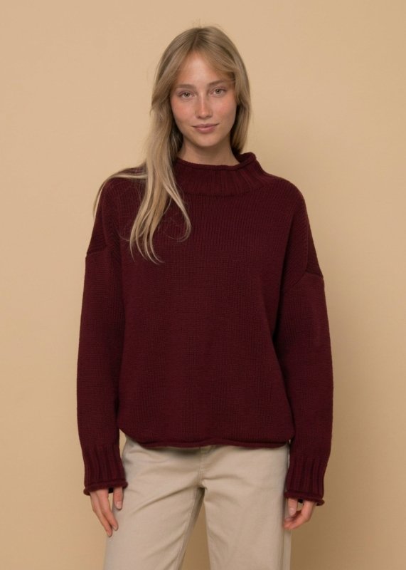 Lucretia Funnel Neck Solid Pullover - RD Style - Deep Burgundy