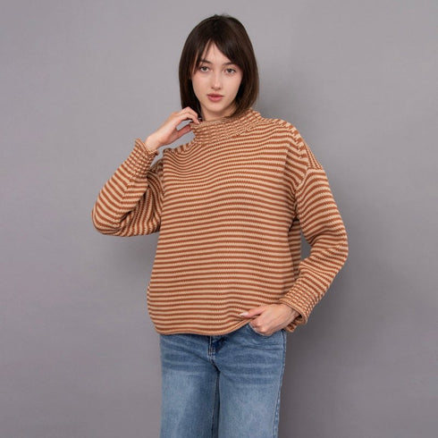 Lucretia Funnel Neck Stripe Pullover - RD Style - Mocha Stripe