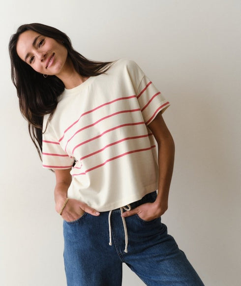 Luxe Sueded Crew Tee - Marine Layer - Red/White Stripe