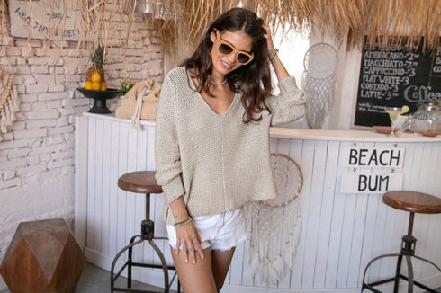 Maui Cotton V-Neck Sweater - Wooden Ships - Khaki