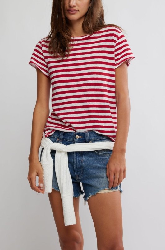 Nora Striped Linen Tee - We The Free - We The Free by Free People - Red Combo