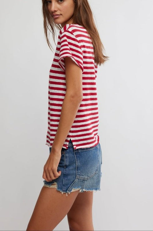 Nora Striped Linen Tee - We The Free - We The Free by Free People - Red Combo