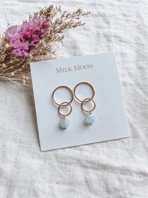 Open Heart Earrings - Milk Moon - Gold Aquamarine