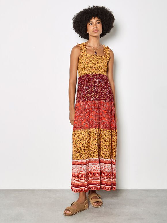 Patchwork Floral Paisley Maxi Dress - Apricot - Orange Multi