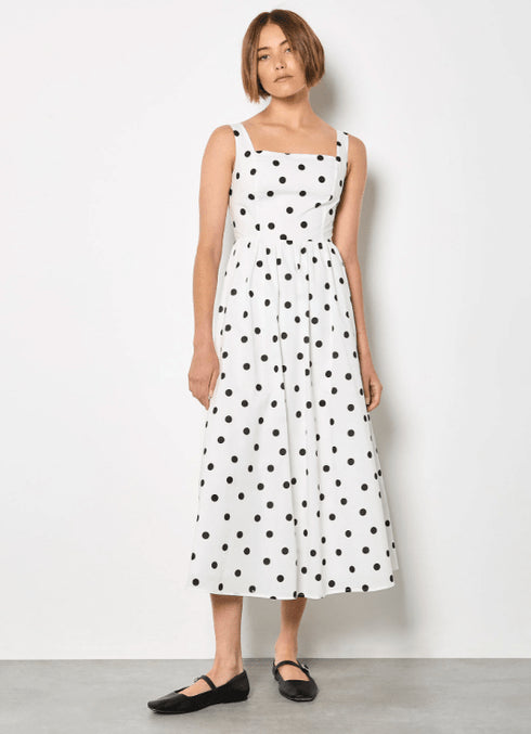 Polka Dot A - Line Midi - Apricot - Black and White