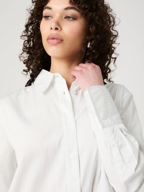 Poplin Oversized Button - Up - French Connection - Cream/Blue Stripe
