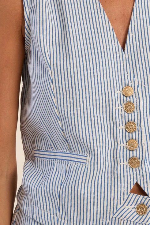 Railroad Stripe Denim Vest - Molly Bracken - Blue