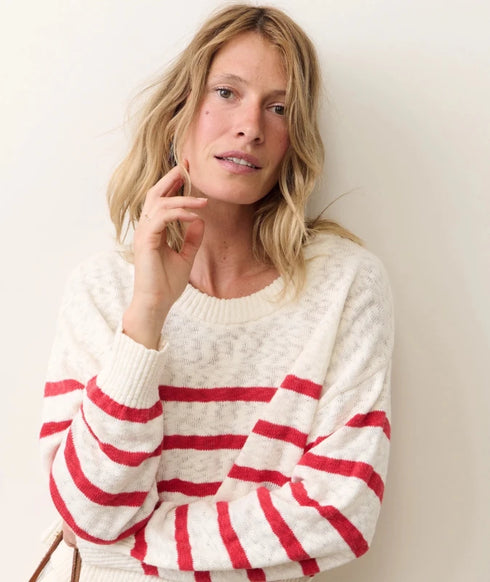Seabreeze Crewneck Sweater - Marine Layer - White & Red Stripe
