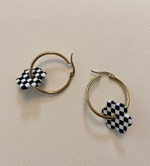 Small Daisy Hoop Earrings - Cities in Dust - Black Checkered