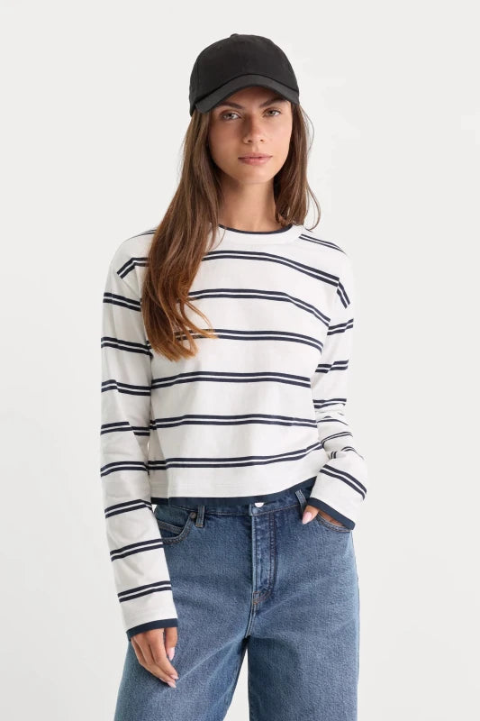 The Long Sleeve Layered Tee - Good American - Navy Double Stripe