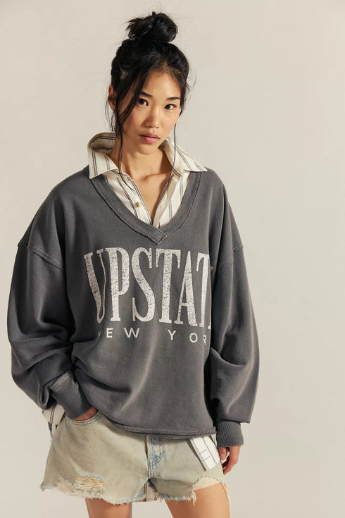 We The Free Venice V - Neck Graphic Sweatshirt - Free People - Gray