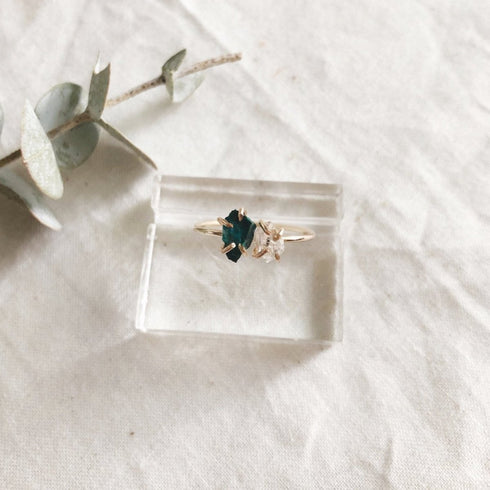 Herkimer Diamond and Chrysocolla Ring - Milk Moon - Gold Fill